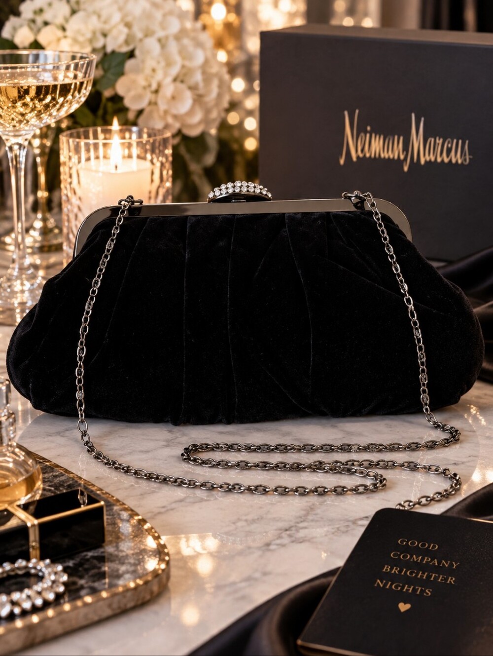 Neiman Marcus Black Velvet Evening Clutch with Chain Strap